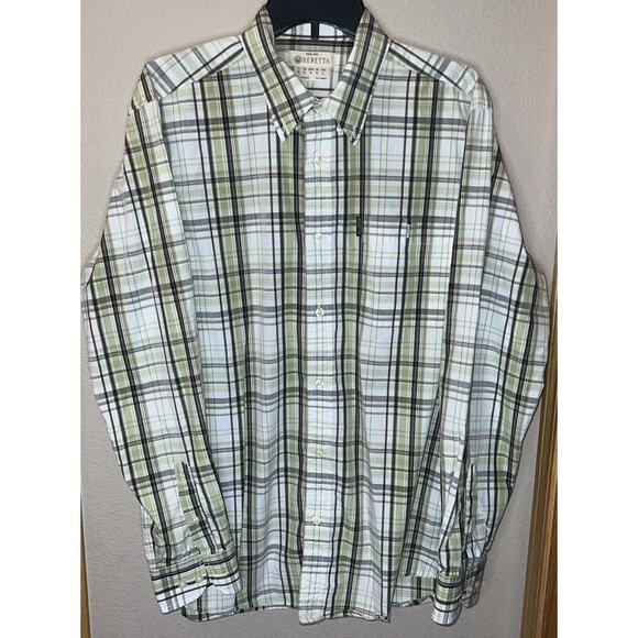 Beretta Mens Green White Plaid Long Sleeve Button Up Shirt Size Large L Italy - Picture 1 of 11